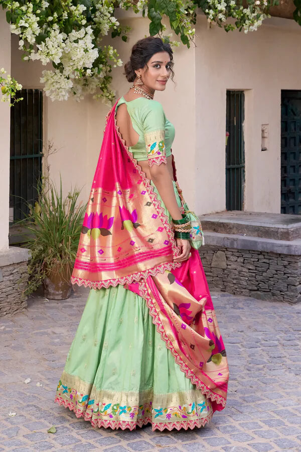Pista Green Jacquard Silk Lehenga with Zari Weaving and Embroidered Border