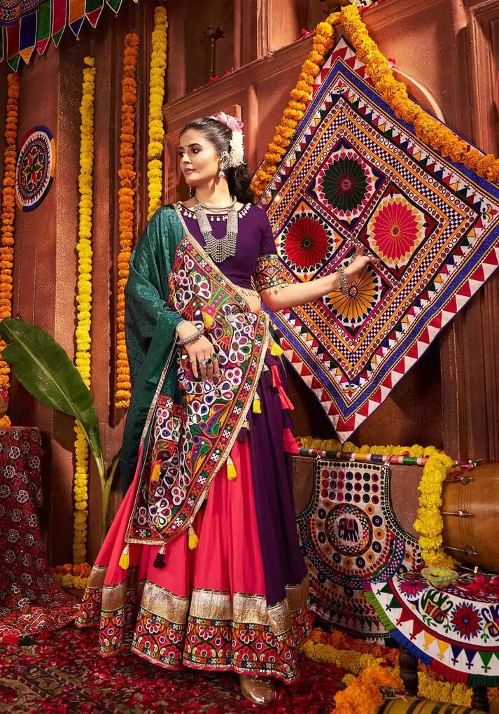Multi Color Thread & Mirror Work Cotton Navratri Lehenga