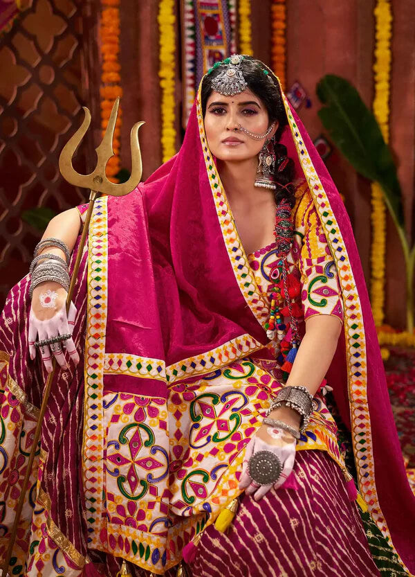 Multi Color Printed Mirror & Embroidered Navratri Lehenga