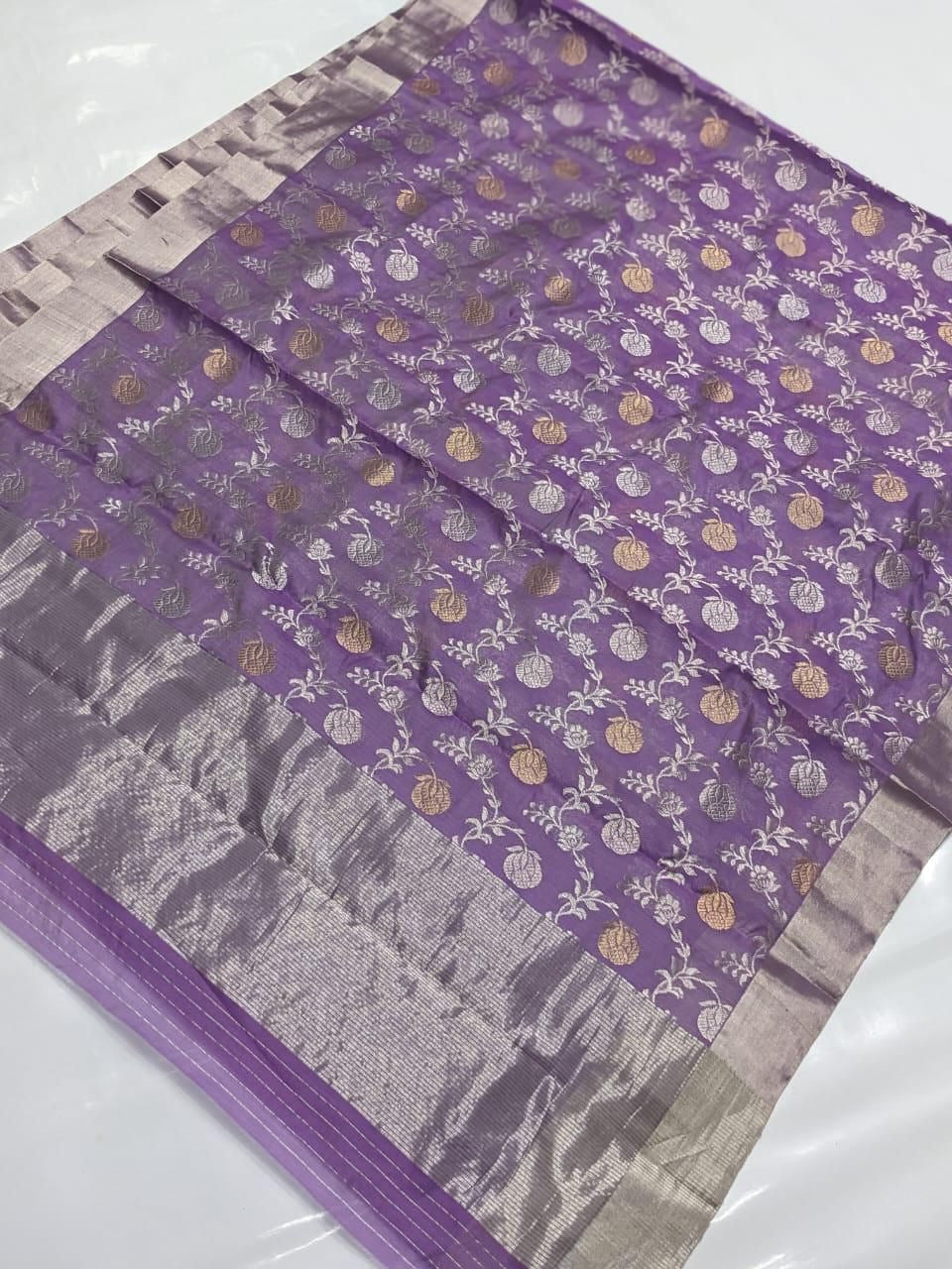 Lavender Chanderi Handloom Pattu Silk Handwork Saree