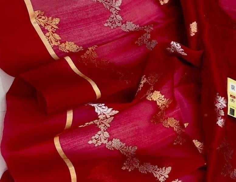 Rustic Red Banarasi Handloom Kora Organza Silk Saree