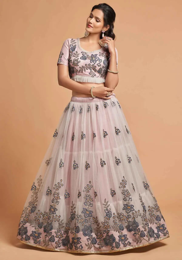 Pinkish Grey Soft Net Lehenga with Thread & Sequins Work