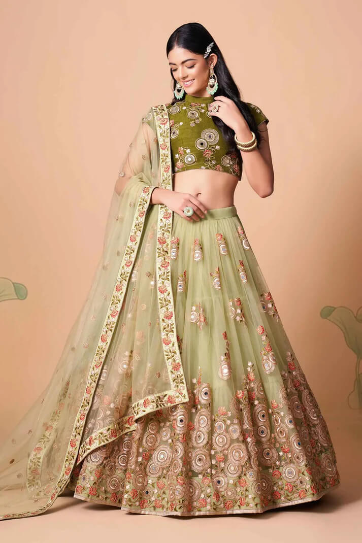 Pista Green Net Lehenga with Zari, Sequins & Mirror Work