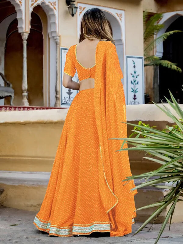 Yellow Leheriya Georgette Lehenga with Zari Lace Work