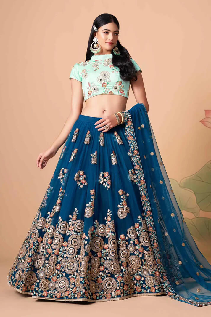 Dove Blue Net Lehenga with Zari, Sequins & Mirror Work