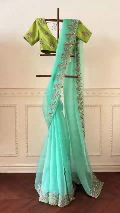 Turquoise & Green Hand Embroidered Organza Silk Saree