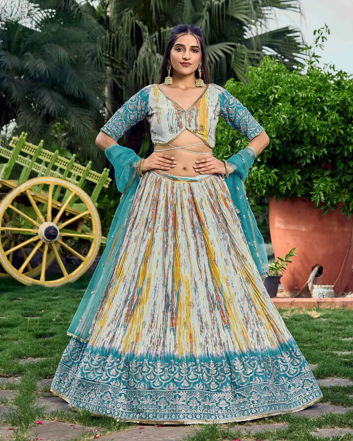 Sea Blue Designer Lehenga with Sequins, Zari & Digital Print