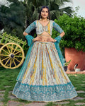 Sea Blue Designer Lehenga with Sequins, Zari & Digital Print