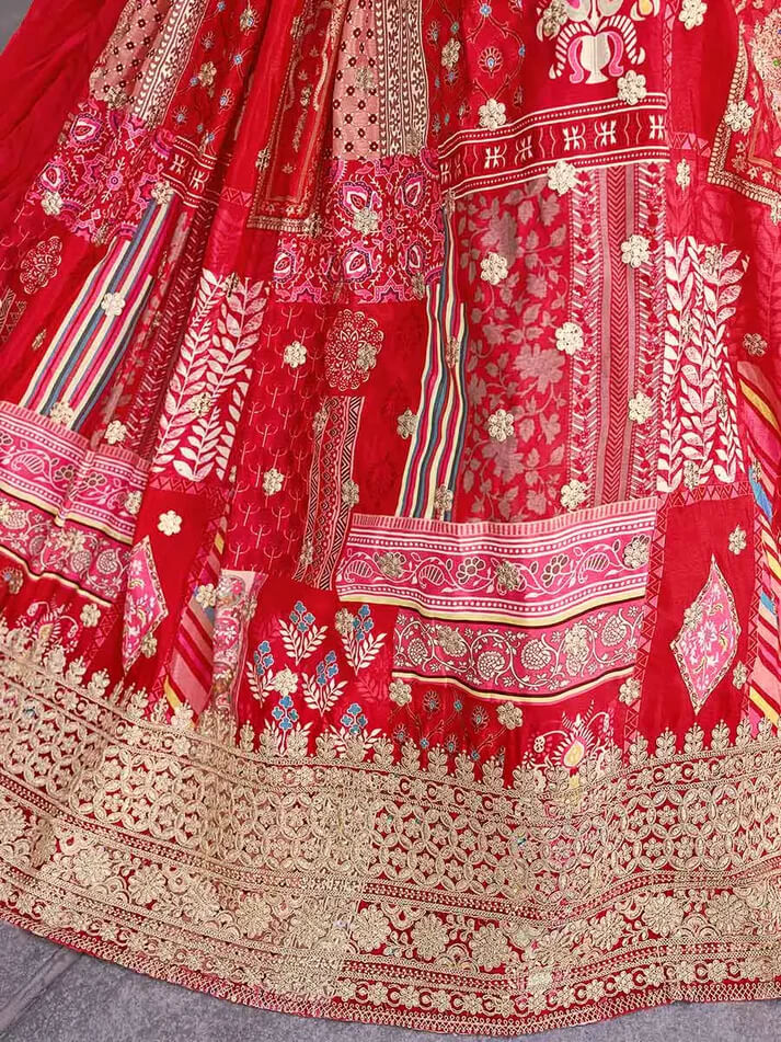Red Silk Lehenga with Digital Print & Embroidery