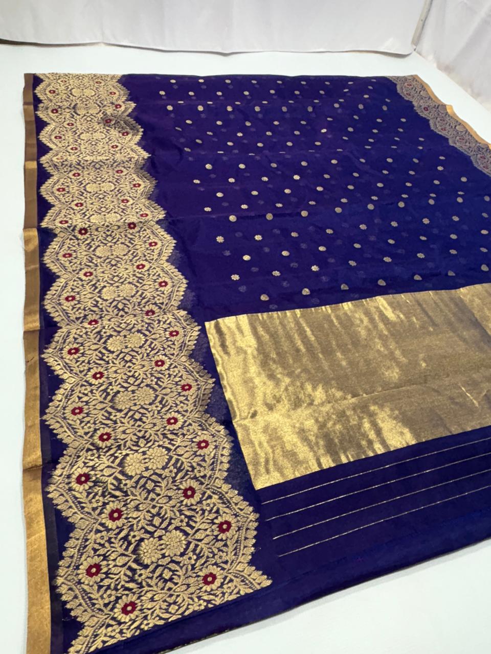 Royal Blue Chanderi Handloom Pattu Silk Handwork Saree