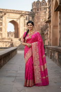 Hot Pink Chanderi Handloom Pattu Silk Meenakari Handwork Saree