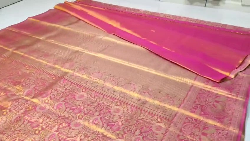 Hot Pink Kanchipuram Håndvævet Brokade Silkesari
