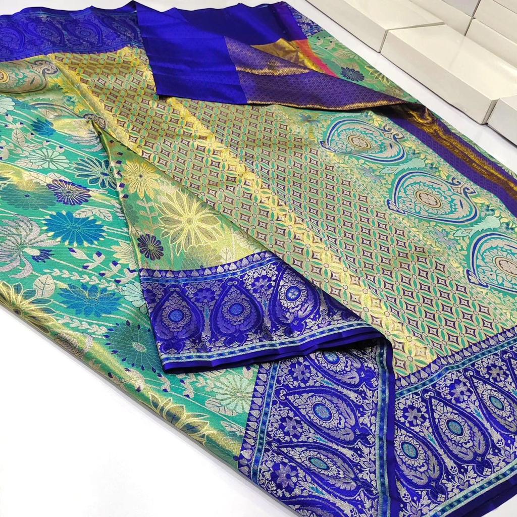Sea Green Kanchipuram Handloom Tissue Brocade Meenakari Silk Saree