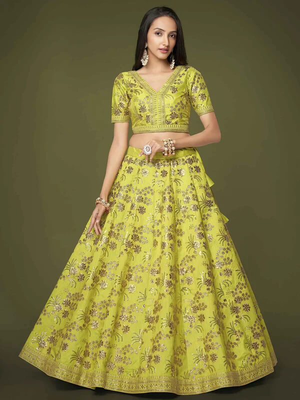 Neon Silk Lehenga with Zari, Sequins & Dori Work
