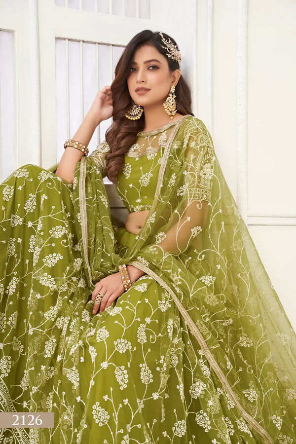 Olive Green Net Lehenga Choli with Zari & Sequin Embroidery