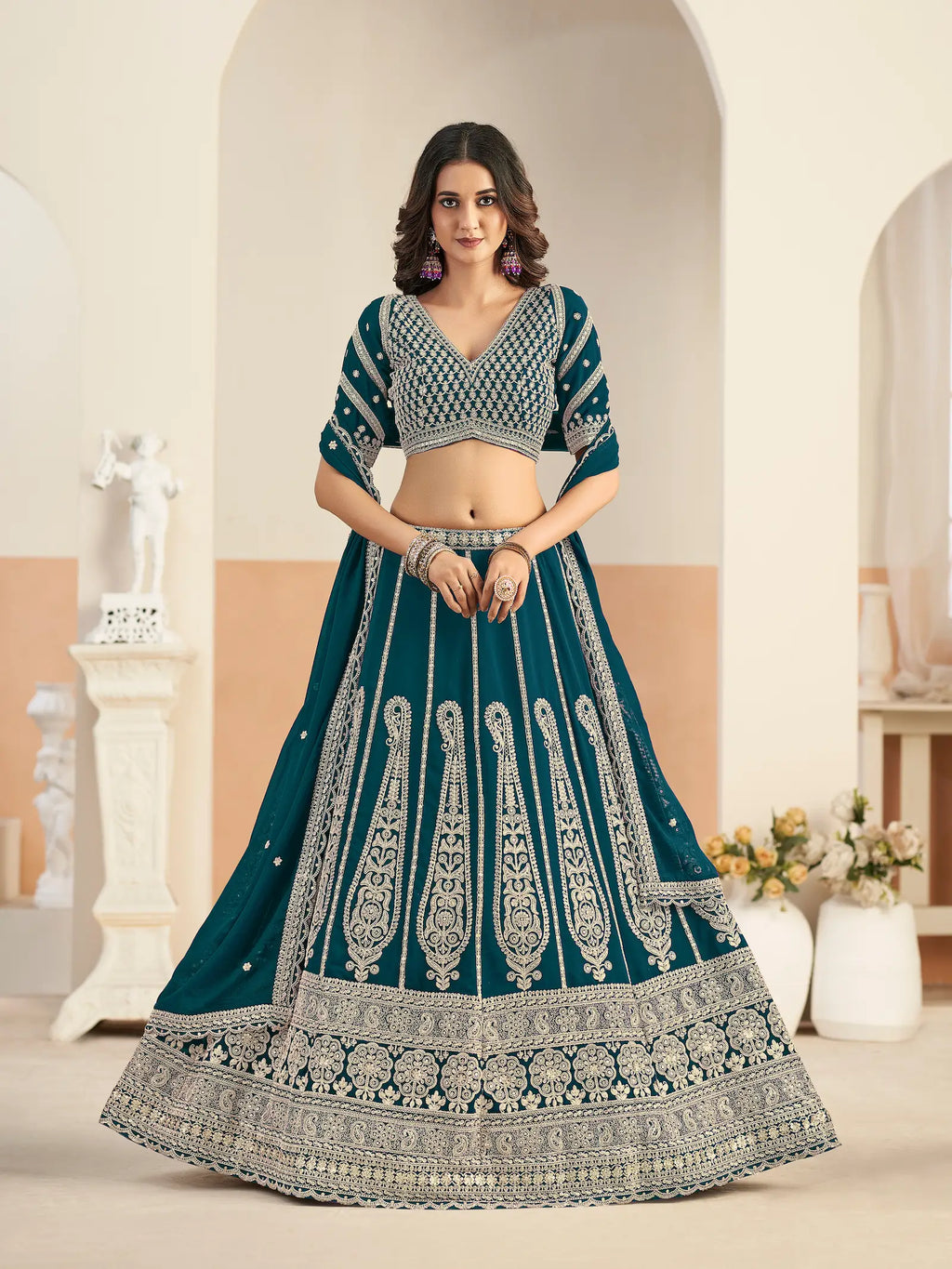 Dark Teal Georgette Lehenga WIth Embroidery Work
