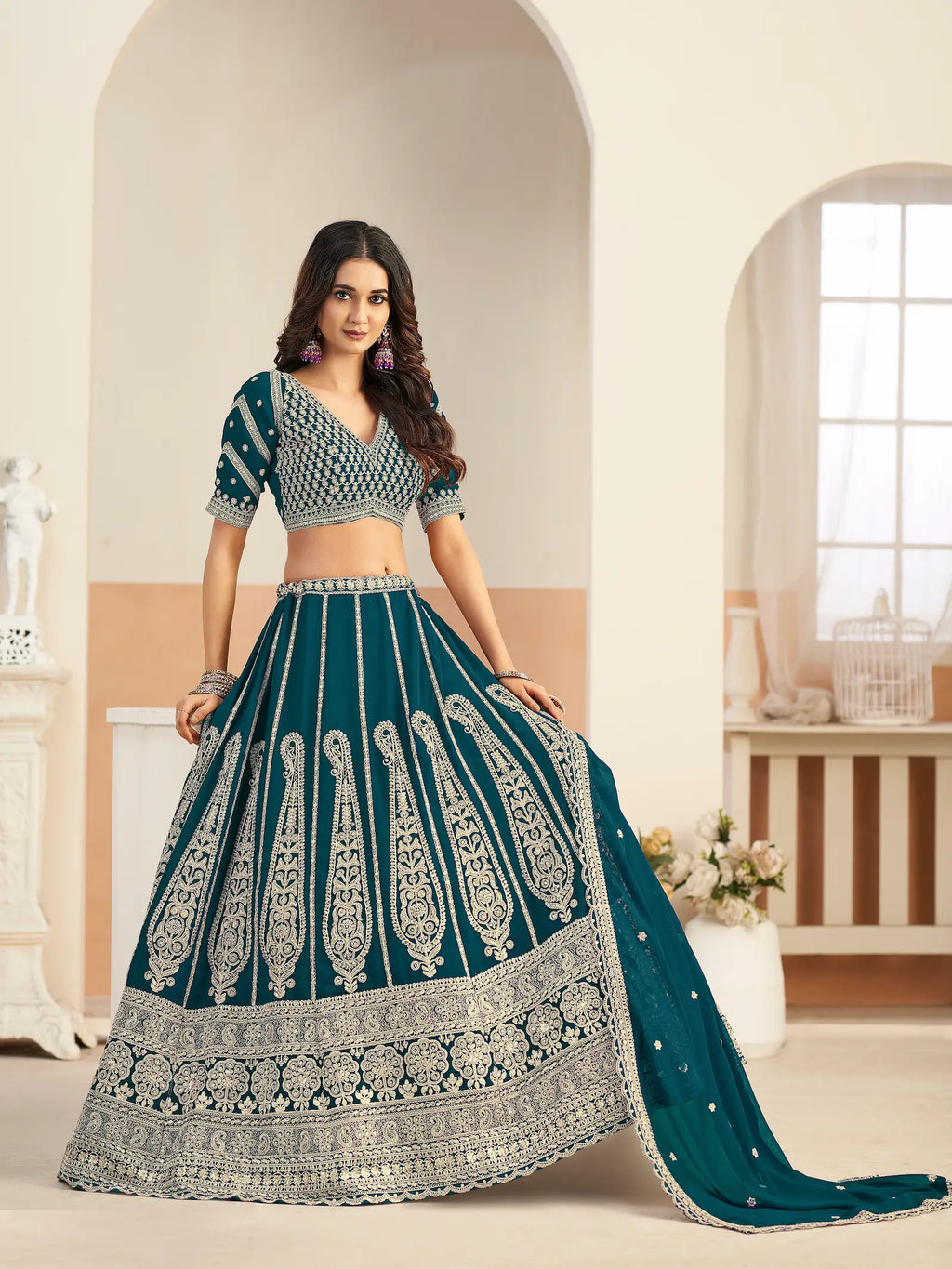 Dark Teal Georgette Lehenga WIth Embroidery Work
