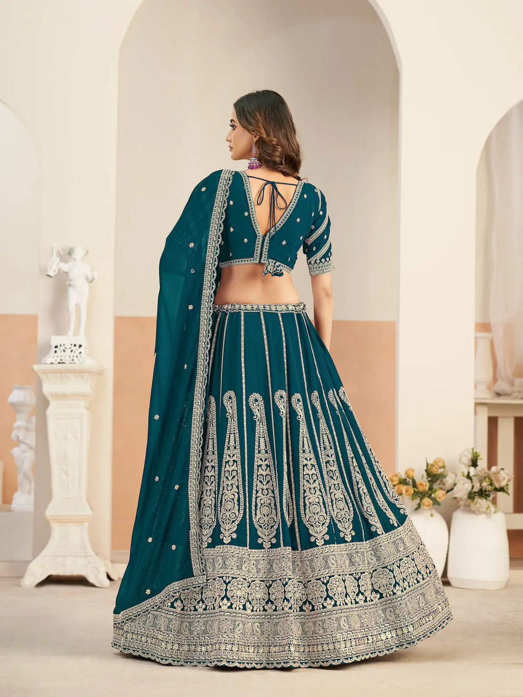 Dark Teal Georgette Lehenga WIth Embroidery Work