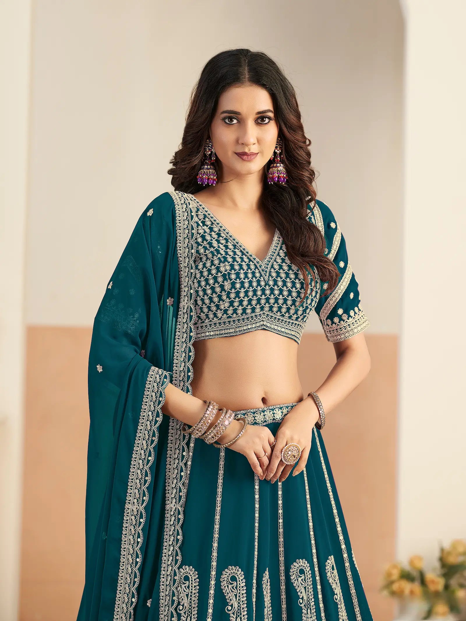 Dark Teal Georgette Lehenga WIth Embroidery Work