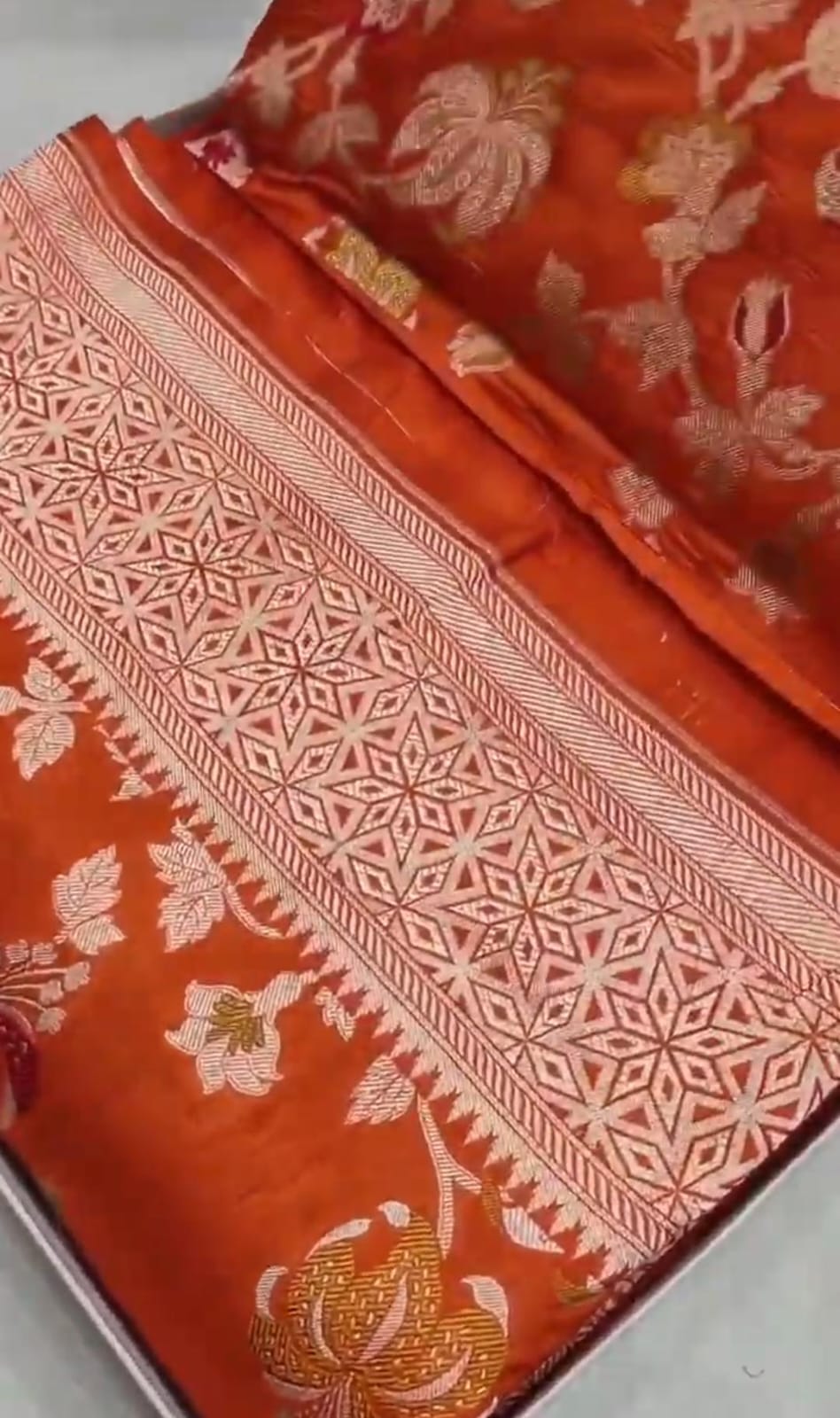 Dual Tone Orange Banarasi Handloom Katan Silk Meenakari Saree