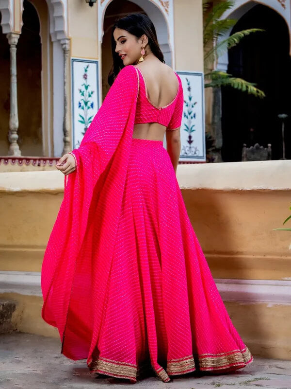 Rani Pink Leheriya Georgette Lehenga with Zari Lace