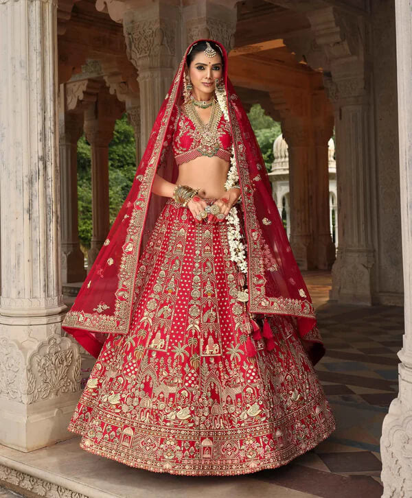 Modern Cornel Red Wedding Lehenga with Dual Dupattas