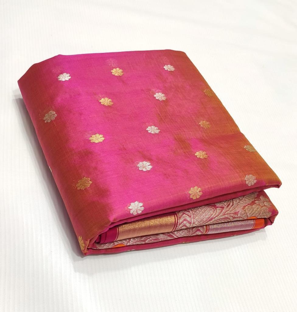Dual Tone Pink Chanderi Handloom Pattu Silk Handwork Saree