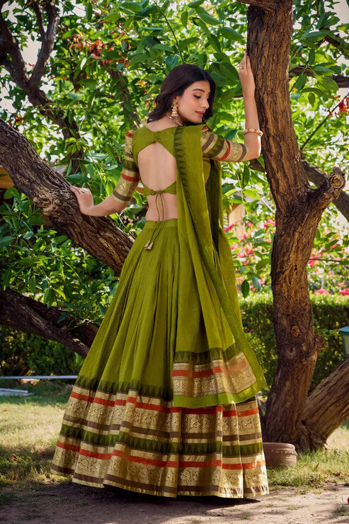 Olive Green Chanderi Silk Lehenga with Intricate Zari Work