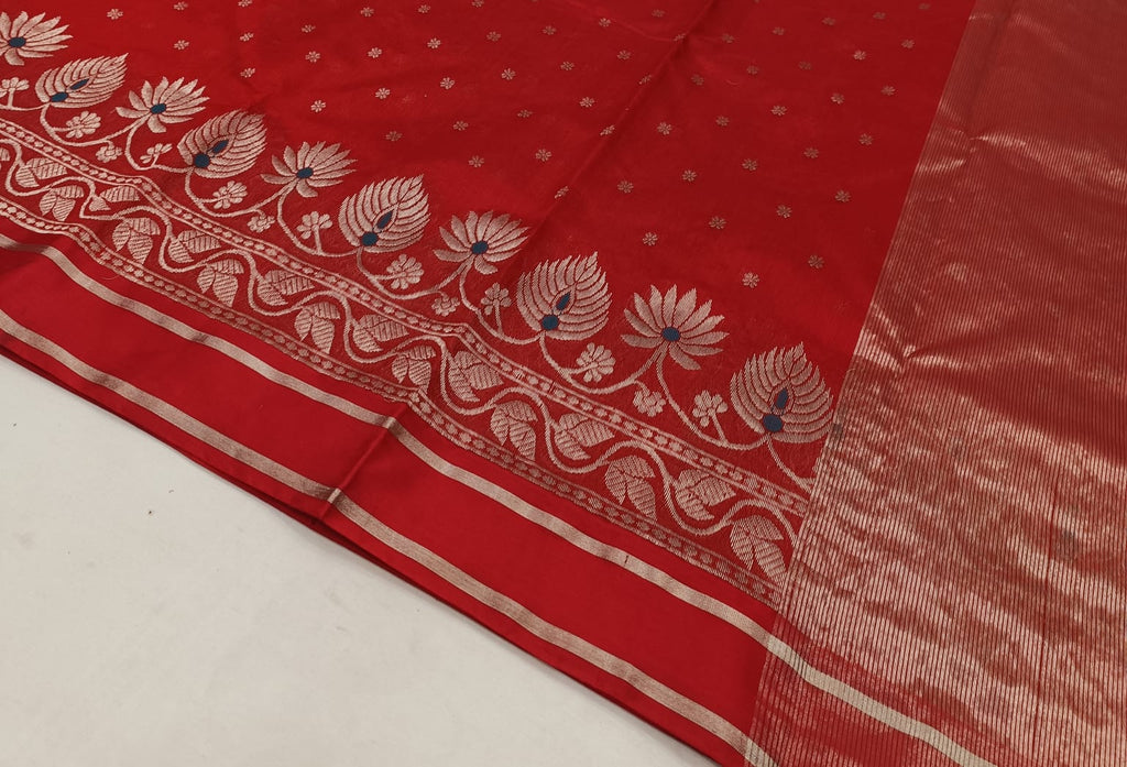 Rustic Red Chanderi Handloom Pattu Silk Meenakari Saree