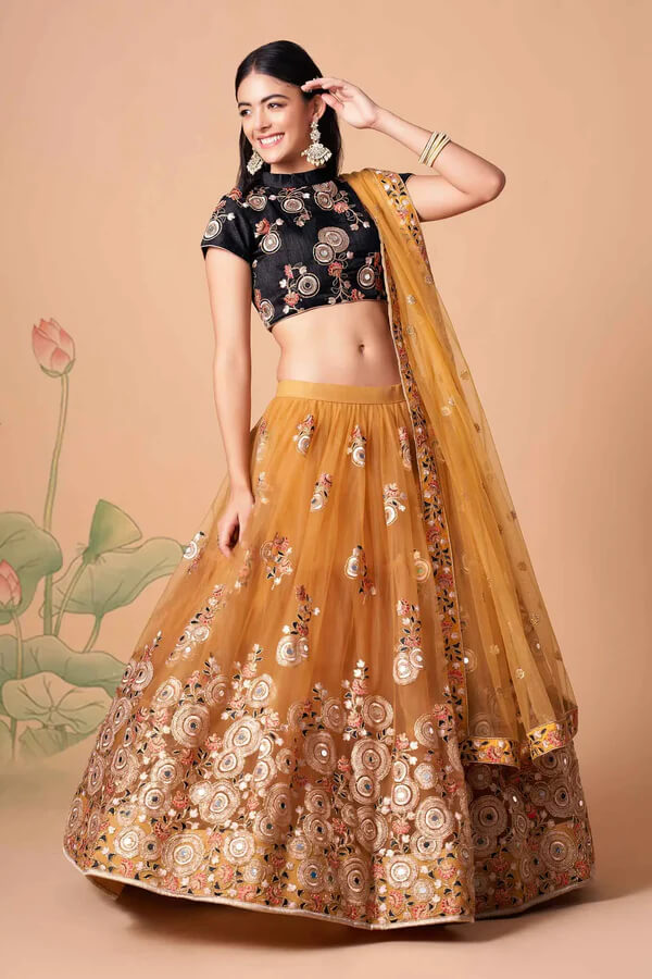 Golden Net Lehenga with Zari, Sequins & Mirror Work