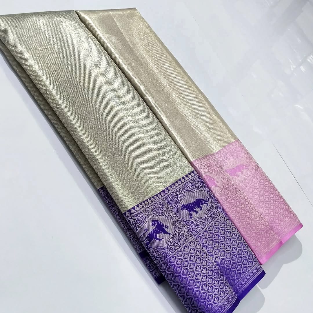Ivory Kanchipuram Handloom Tissue Brocade Meenakari Silk Saree