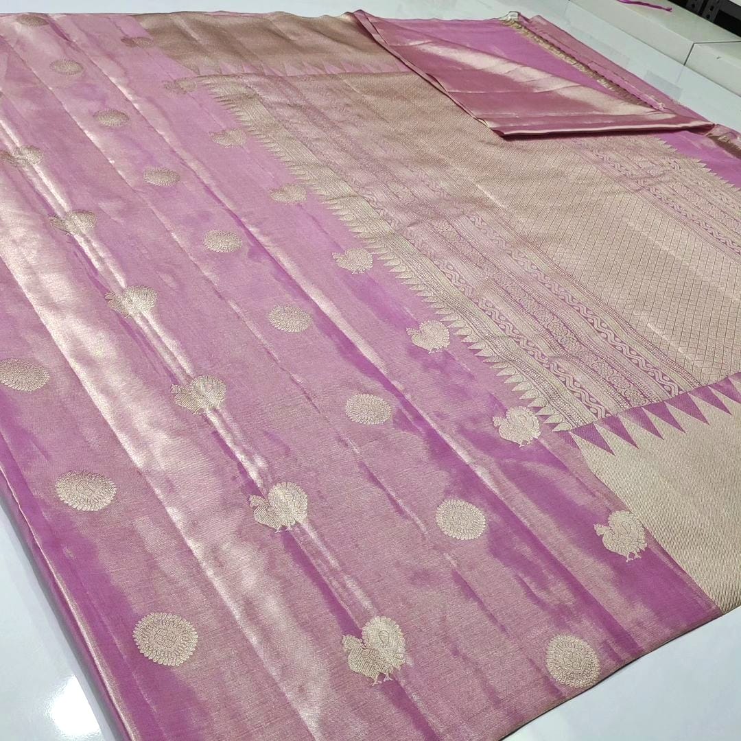 Pink Kanchipuram Handloom Tissue Silk Borderless Saree