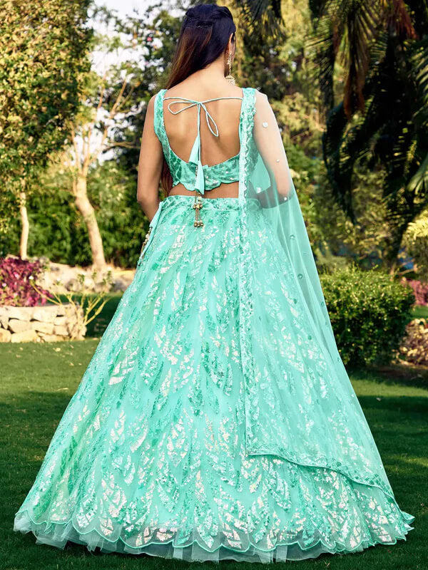 Sky Blue Soft Net Lehenga with Sequins & Thread Work