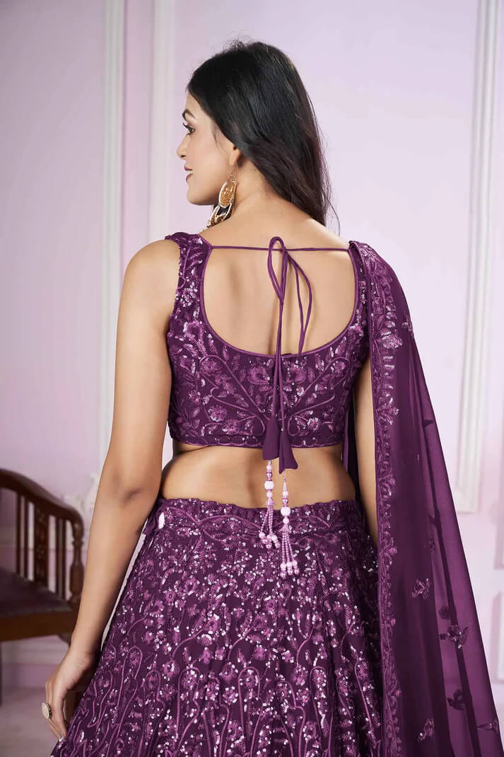 Wine Georgette Lehenga with Sequins & Thread Embroidery