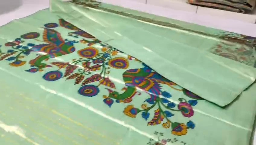 Pista Green Kanchipuram Handloom Kalamkari Tissue Silk Saree