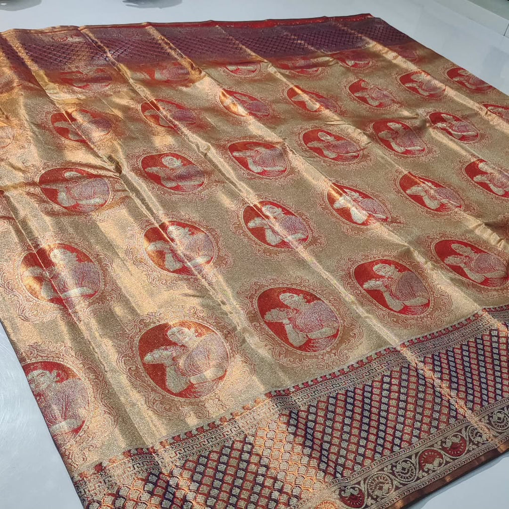 Coral Kanchipuram Handloom Tissue Brocade Meenakari Silk Saree