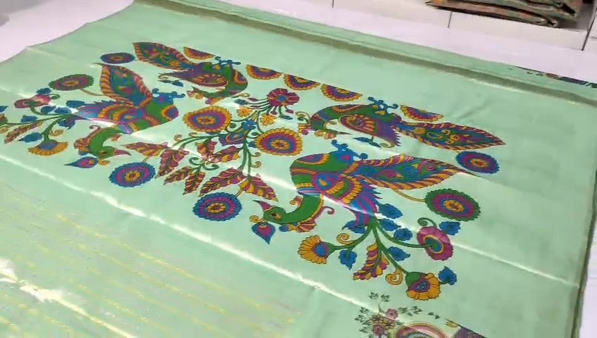 Pista Green Kanchipuram Handloom Kalamkari Tissue Silk Saree