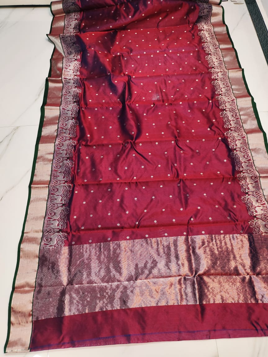 Maroon Chanderi Handloom Pattu Silk Handwork Meenakari Saree
