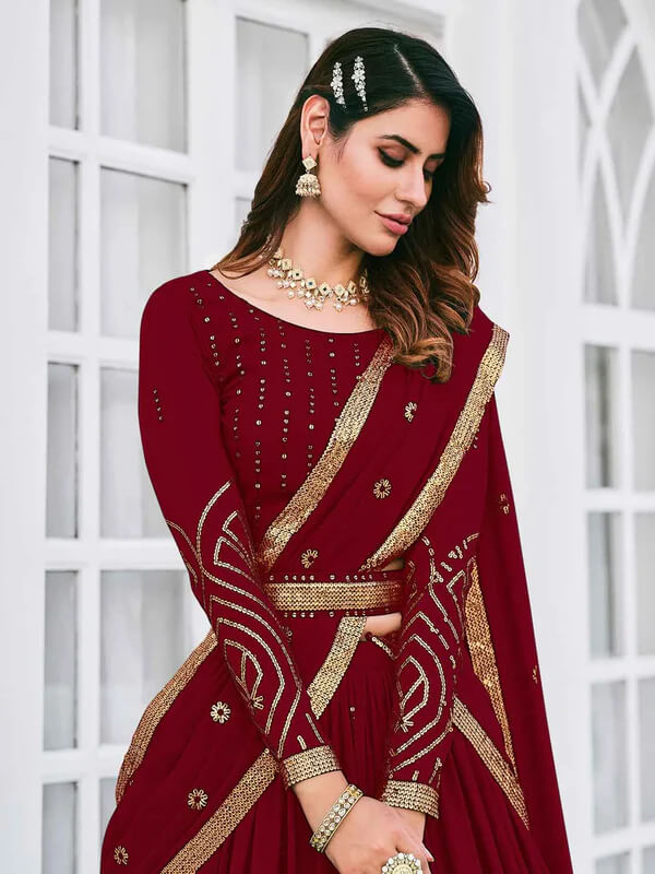 Designer Maroon Georgette Lehenga with Thread Detailing