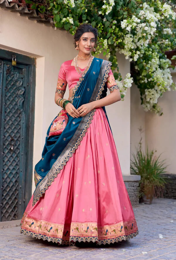 Light Pink Paithani Silk Lehenga Choli with Intricate Lace & Zari