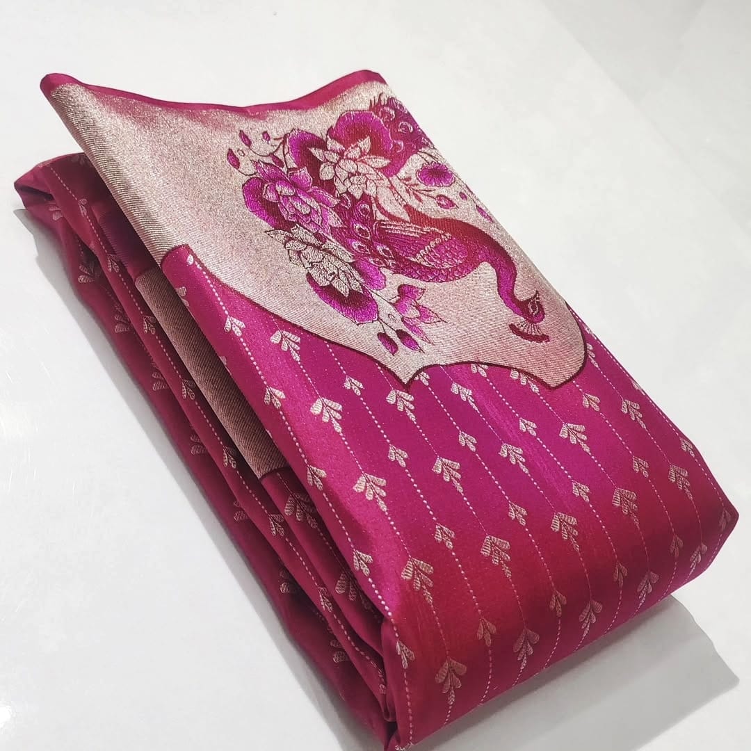Dark Pink Kanchipuram Handloom Pattu Silk Meenakari Saree
