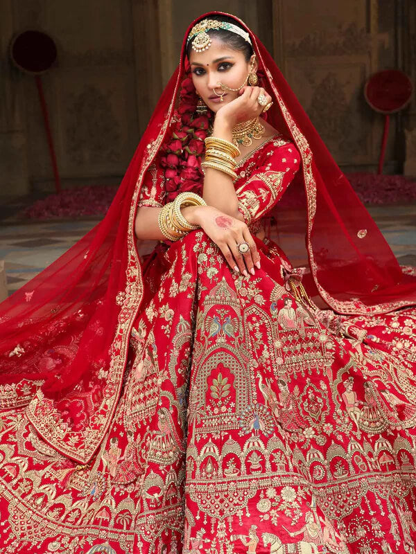Designer Red Bridal Lehenga with Khatli Embroidery & Two Dupattas