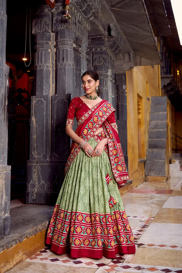 Classic Sea Green Tussar Silk Lehenga with Ikkat Detailing