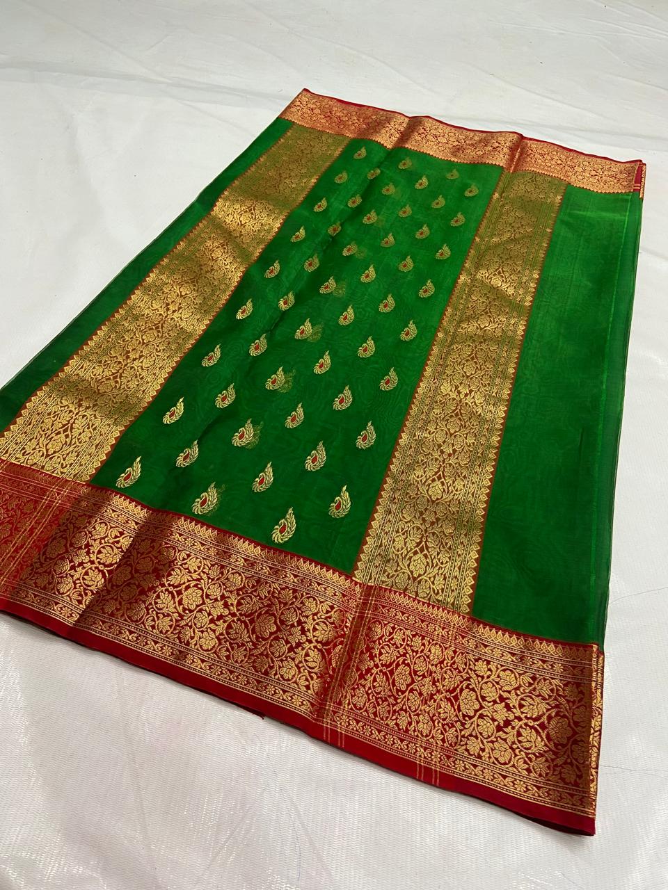 Green Chanderi Handloom Katan Silk Meenakari Saree