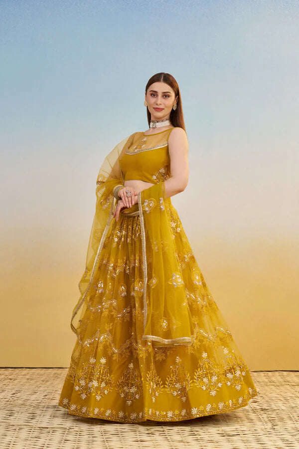 Festive Yellow Net Lehenga Choli with Thread Detailing