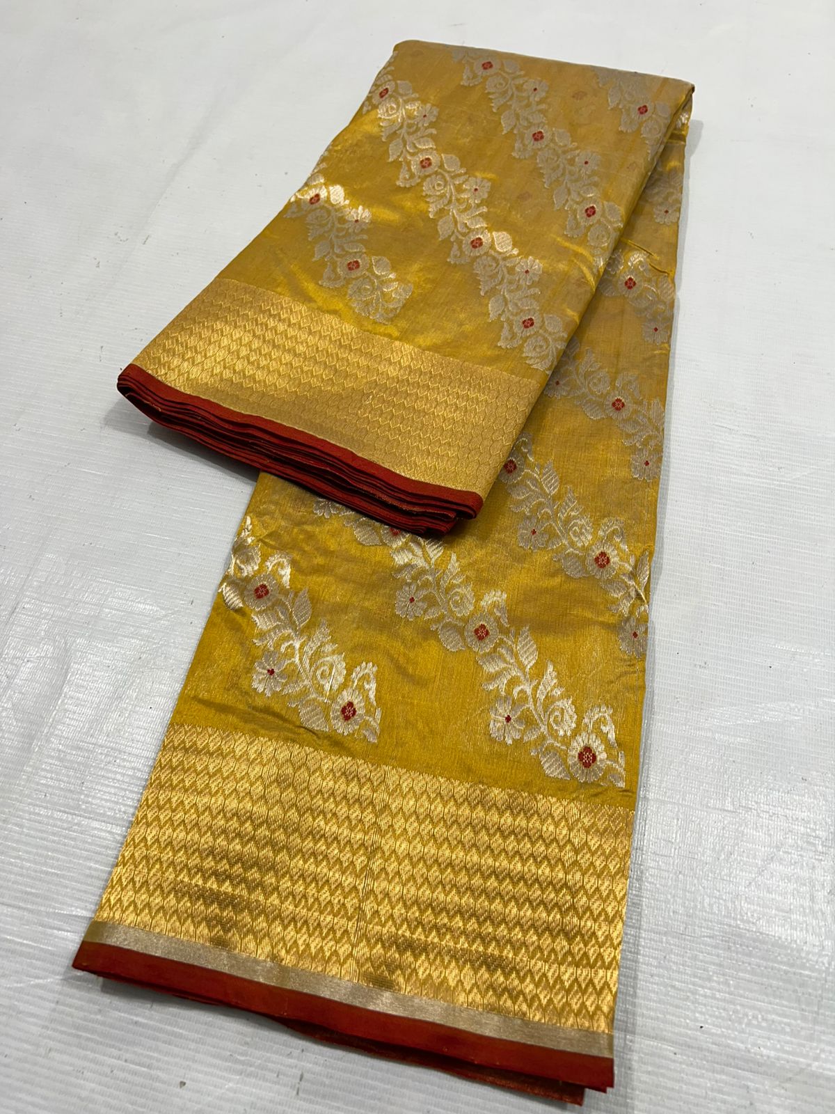 Turmeric Yellow Chanderi Handloom Pattu Silk Meenakari Handwork Saree