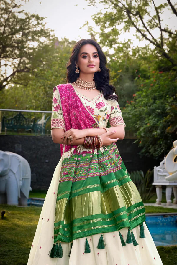 Ethnic Off White Lehenga Choli with Gaji Silk Hot Pink Dupatta