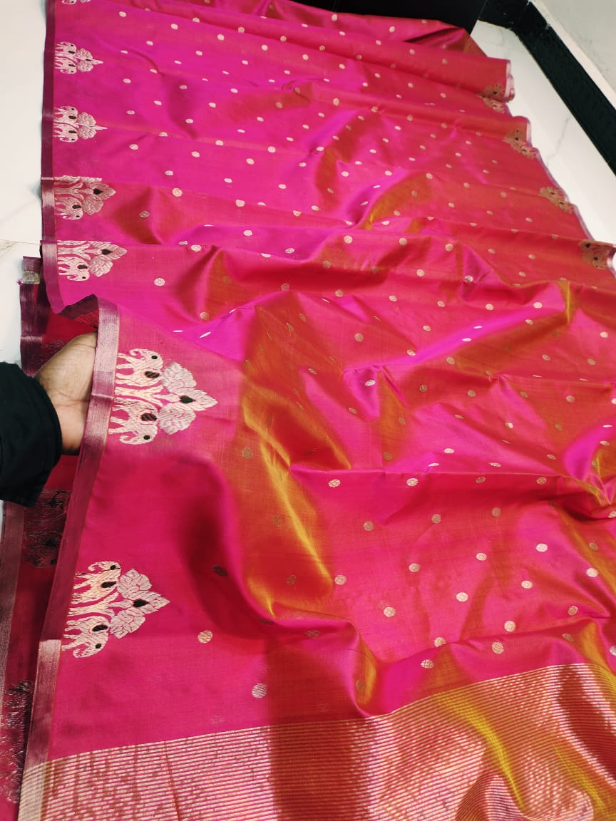 Dual Tone Pink Chanderi Handloom Pattu Silk Meenakari Saree