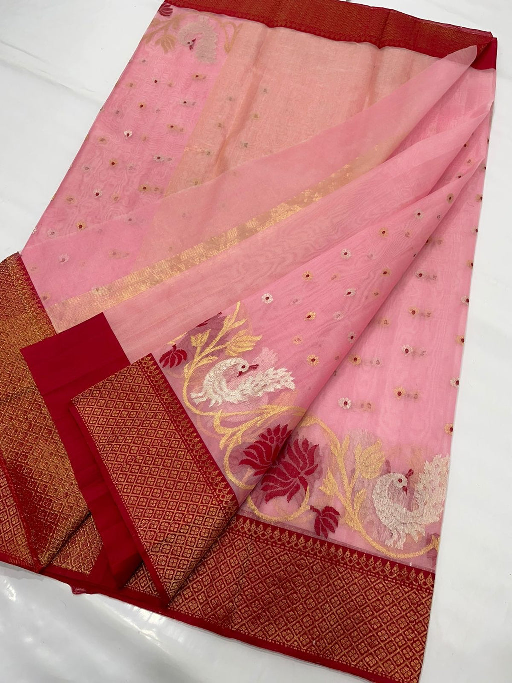 Coral Pink Chanderi handloom Katan Silk Meenakari Saree