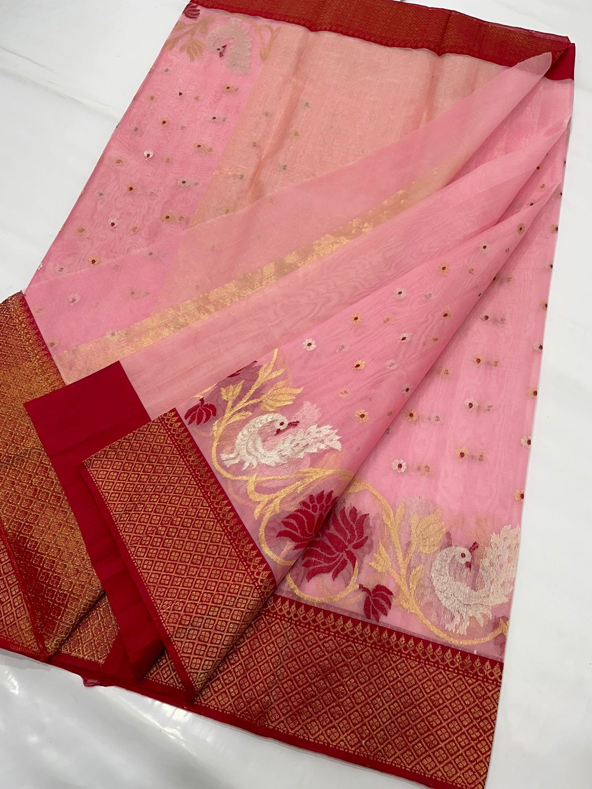 Coral Pink Chanderi handloom Katan Silk Meenakari Saree